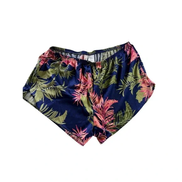 Joyspun Satin Scoopneck Palm Navy Green Pink Cami & Shorts Pajama Set Large - Picture 5 of 12